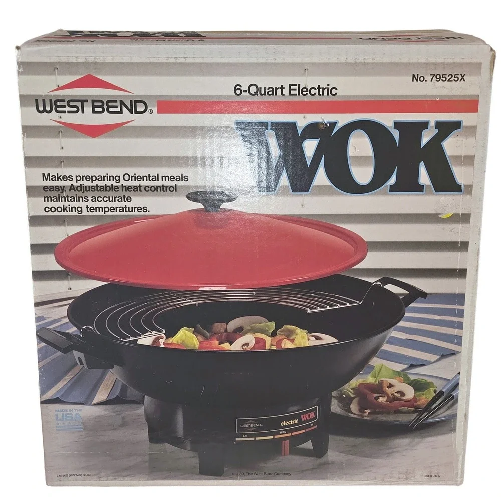 West Bend 6 Quart Electric Wok 79525X 90s Red Lid Non-Stick Fry Pan Vintage USA